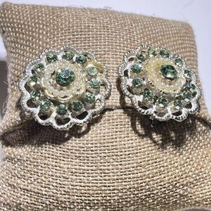 Vintage Green Rhinestone Faux Pearl Clip On Earrings Floral Filigree Silver Tone